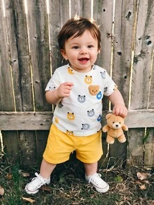 SHEIN 2pcs Baby Boy Outfit, Cartoon Bear Decor Collar Short Sleeve Cardigan Bear Print Shorts Set, Ribbed Fabric, Summer White Butter Yellow Cute Casual - Yellow - View 4