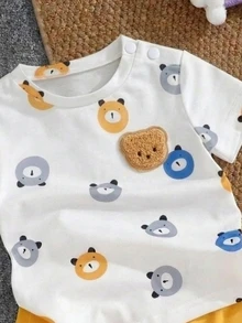 SHEIN 2pcs Baby Boy Outfit, Cartoon Bear Decor Collar Short Sleeve Cardigan Bear Print Shorts Set, Ribbed Fabric, Summer White Butter Yellow Cute Casual - Yellow - View 9