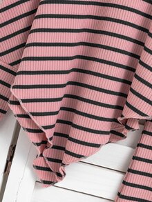 SHEIN 女童條紋高領不對稱上衣與喇叭褲兩件套 秋冬 7歲生日套裝 長袖上衣 冬季 - 粉色 - 查看 6