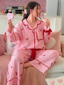 Slumberry CURVE Striped Cherry Print Lapel Front-Button Bowknot Long Sleeve Plus Size Pajama Set - Multicolor - View 4