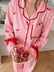 Slumberry CURVE Striped Cherry Print Lapel Front-Button Bowknot Long Sleeve Plus Size Pajama Set - Multicolor - View 5
