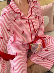 Slumberry CURVE Striped Cherry Print Lapel Front-Button Bowknot Long Sleeve Plus Size Pajama Set - Multicolor - View 1