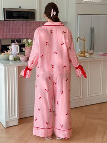 Slumberry CURVE Striped Cherry Print Lapel Front-Button Bowknot Long Sleeve Plus Size Pajama Set - Multicolor - View 2