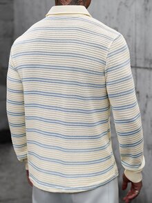 Manfinity CasualCool 男士藍白條紋針織半鈕扣紋理長袖 Polo 衫，休閒秋季度假鉤編上衣，復古富裕風辦公工作正式款 - 彩色 - 查看 2