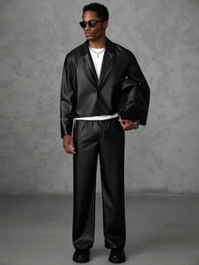 SLATEMANN Men's Black Long Sleeve Long Pants PU Fabric Jacket Set, Suitable For Halloween And Christmas Wear - Black - View 8
