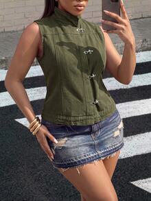 Jeanoix Y2K Women's Fashion Forward Metal Buckle Plus Size Denim Top - Army Green - View 3
