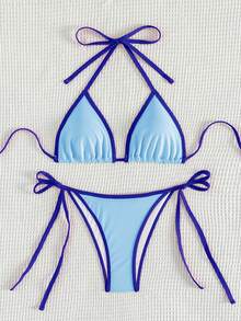 Bonvoyette Women's Color-Block Halter Tie Sexy Bikini Set For Vacation Summer - Blue - View 7