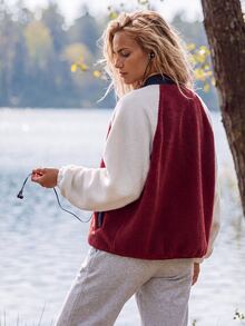 WanderVale Women's Colorblock Zipper Casual Versatile Daily Outdoor Thermal Lined Jacket - Red and White - View 2