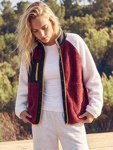 WanderVale Women's Colorblock Zipper Casual Versatile Daily Outdoor Thermal Lined Jacket - Red and White - View 3