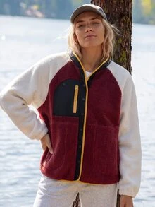 WanderVale Women's Colorblock Zipper Casual Versatile Daily Outdoor Thermal Lined Jacket - Red and White - View 4