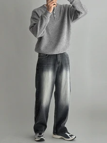 DAZY Autumn/Winter Men's Gray Ribbed Crew Neck Half-Zip Pullover Sweatshirt With Ribbed Cuffs And Hem Hoodies - Grey - View 4