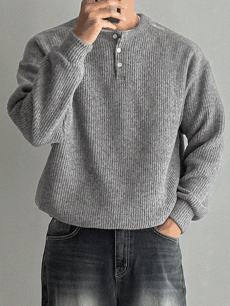 DAZY Autumn/Winter Men's Gray Ribbed Crew Neck Half-Zip Pullover Sweatshirt With Ribbed Cuffs And Hem Hoodies - Grey - View 1