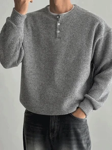 DAZY Autumn/Winter Men's Gray Ribbed Crew Neck Half-Zip Pullover Sweatshirt With Ribbed Cuffs And Hem Hoodies - Grey - View 2