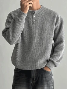 DAZY Autumn/Winter Men's Gray Ribbed Crew Neck Half-Zip Pullover Sweatshirt With Ribbed Cuffs And Hem Hoodies - Grey - View 3