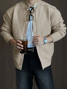 DAZY Jaket Kardigan Pria Warna Khaki Polos Musim Semi/Gugur, Desain Kancing Tunggal, Gaya Jalanan Urban, Fesyen Kasual, Streetwear Kreatif dan Personal. - Khaki - View 4