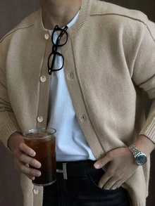 DAZY Jaket Kardigan Pria Warna Khaki Polos Musim Semi/Gugur, Desain Kancing Tunggal, Gaya Jalanan Urban, Fesyen Kasual, Streetwear Kreatif dan Personal. - Khaki - View 2
