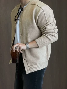DAZY Jaket Kardigan Pria Warna Khaki Polos Musim Semi/Gugur, Desain Kancing Tunggal, Gaya Jalanan Urban, Fesyen Kasual, Streetwear Kreatif dan Personal. - Khaki - View 6