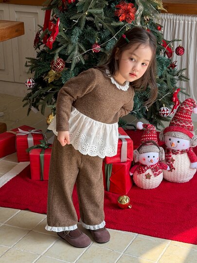 Dazy Kids Infant (Girl) Round Neck Lace Ruffle Trim Long Sleeve Patchwork T-Shirt And Long Pants 2 Pieces Set