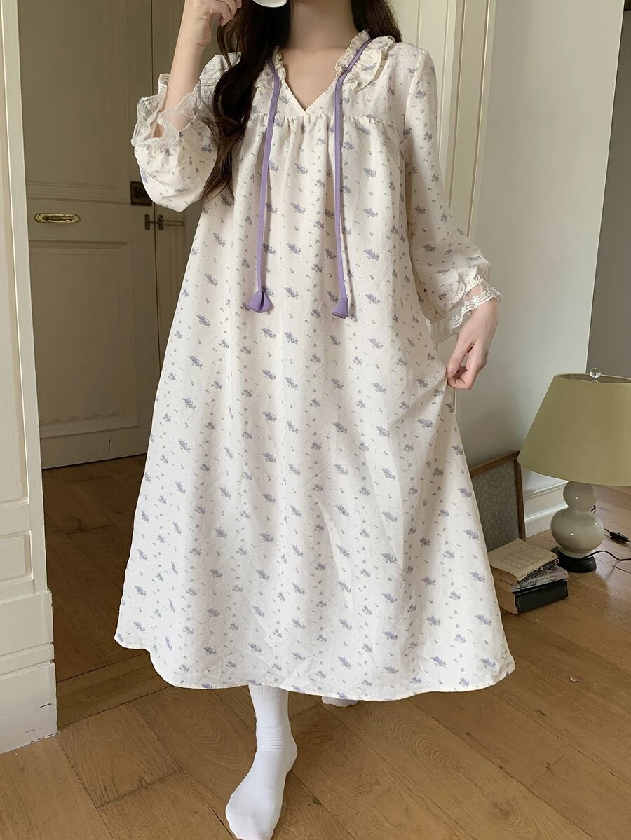 DAZY 女款甜美花卉印花蕾絲睡裙 秋季 - 杏色 - 查看 1