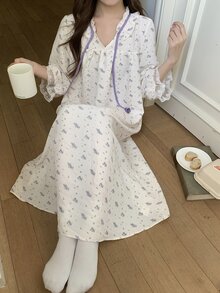 DAZY 女款甜美花卉印花蕾絲睡裙 秋季 - 杏色 - 查看 5