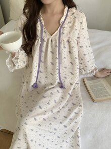 DAZY 女款甜美花卉印花蕾絲睡裙 秋季 - 杏色 - 查看 3