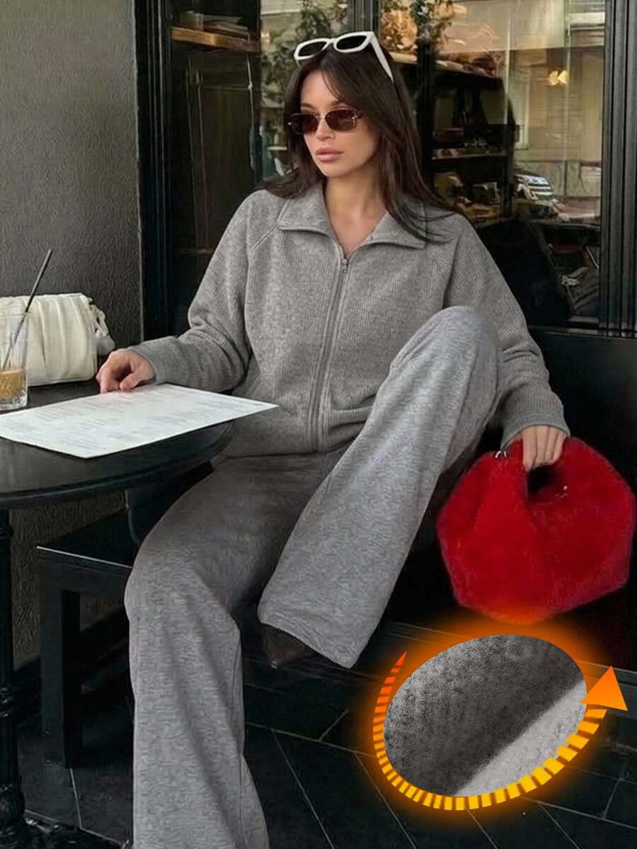 DAZY Women's Solid Color Zip-Up Hoodie And Pants Pajama Set Fall - Grey - View 1