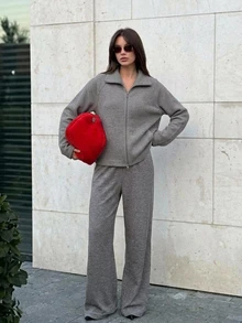 DAZY Women's Solid Color Zip-Up Hoodie And Pants Pajama Set Fall - Grey - View 6
