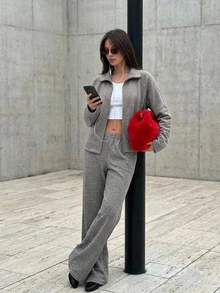 DAZY Women's Solid Color Zip-Up Hoodie And Pants Pajama Set Fall - Grey - View 10