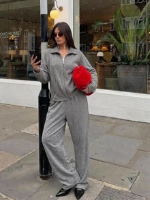 DAZY Women's Solid Color Zip-Up Hoodie And Pants Pajama Set Fall - Grey - View 9