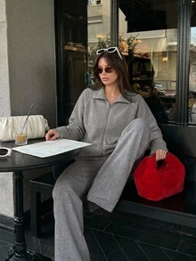 DAZY Women's Solid Color Zip-Up Hoodie And Pants Pajama Set Fall - Grey - View 8