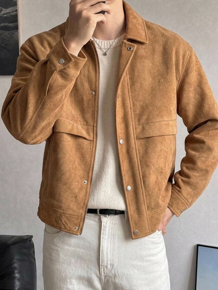 DAZY Autumn/Winter Solid Brown Colorblock Design Placket Windproof Metal Snap Button & Zipper Loose Suede Fleece Men's Jacket And Coat - Khaki - View 5