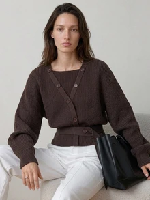 Dazy-Less Women's Vintage French Casual Button Long Sleeve Knit Cardigan Fashion Fall Business Casual Brunch Office Dark Brown - Grey - View 1