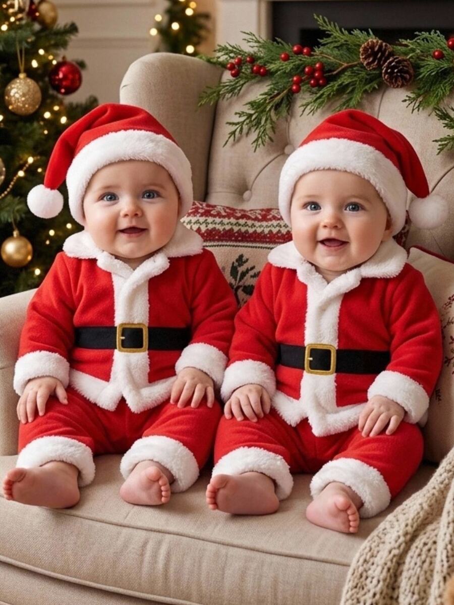Cozy Pixies Color-Block Winter Top And Trousers Two Pieces Set For Infants And Toddlers-Suitable For Christmas; New Autumn Arrival. Baby Newborn - Red and White - View 1