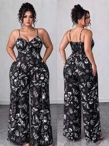 Elenzga Plus Size Women's Halloween Spring/Summer Elegant Sexy Goth Casual Button Strap Ruched Waist Wide Leg Extra Long Jumpsuit Party Night Out Black - Black - View 1