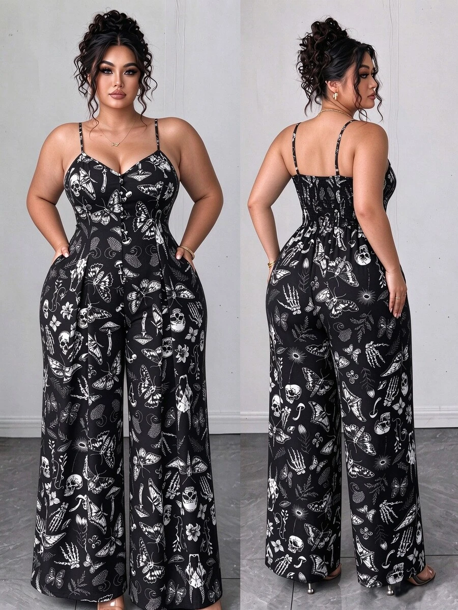 Elenzga Plus Size Women's Halloween Spring/Summer Elegant Sexy Goth Casual Button Strap Ruched Waist Wide Leg Extra Long Jumpsuit Party Night Out Black - Black - View 1