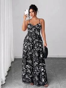 Elenzga Plus Size Women's Halloween Spring/Summer Elegant Sexy Goth Casual Button Strap Ruched Waist Wide Leg Extra Long Jumpsuit Party Night Out Black - Black - View 6