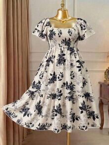 Rometta Plus Size Vacation/Leisure Ditsy Ditsy Floral Dress With Cinched Waist Maxi Women Outfit Elegant Romantic Brunch Formal White - Apricot - View 4