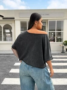 Muchica Plus Size Women Casual Loose Short Sleeve T-Shirt,Acid Washed Look Vintage Knitted Distressed,Streetwear,Spring Summer Clothes - Black - View 3