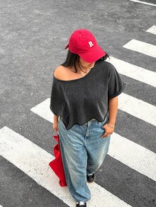 Muchica Plus Size Women Casual Loose Short Sleeve T-Shirt,Acid Washed Look Vintage Knitted Distressed,Streetwear,Spring Summer Clothes - Black - View 5
