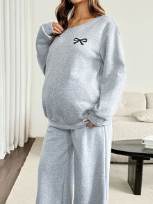SHEIN 孕婦秋季性感休閒優雅寬鬆蝴蝶結印花保暖內裡衛衣運動褲兩件套家居服哺乳灰色派對銀色 - 灰色 - 查看 6