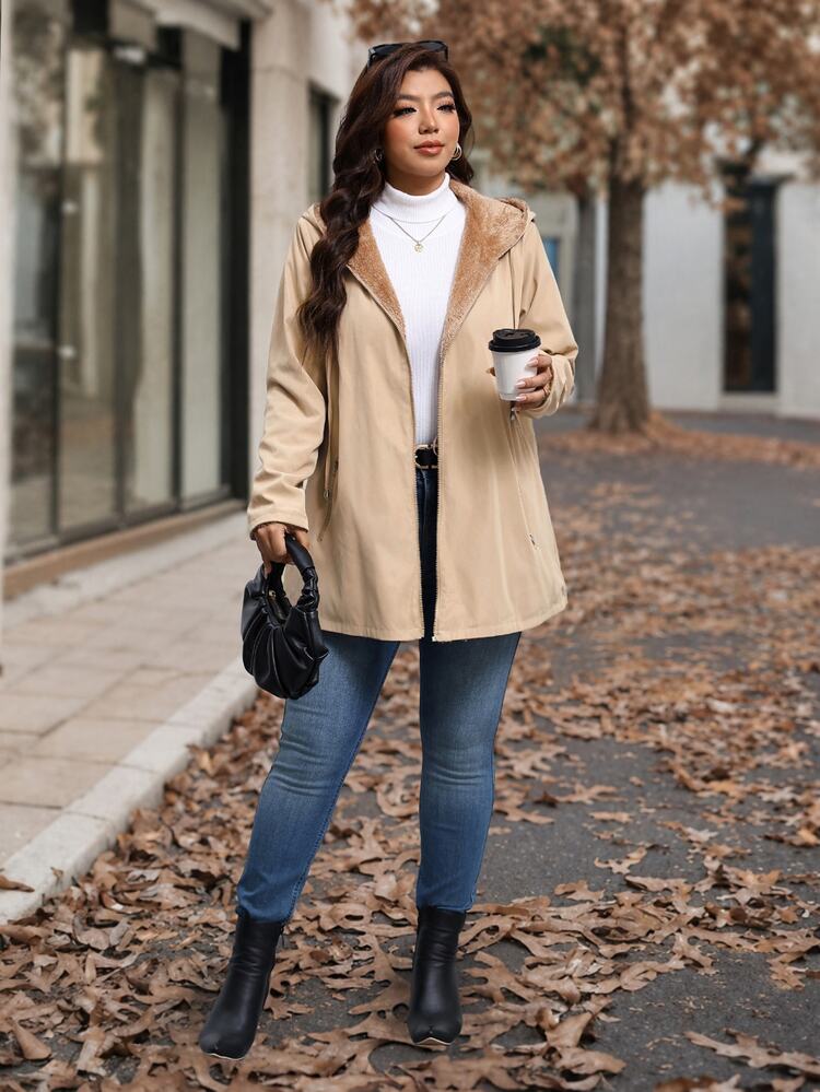 SHEIN Clasi Plus Size Winter Casual Baggy Versatile Thermal Lined Hooded Jacket Travel Going Out Beige - Khaki - View 4