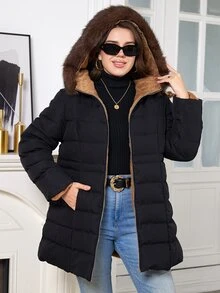 SHEIN Clasi Plus Size Hooded Long Sleeve Zipper Quilted Solid Color Winter Padded Coat Holiday Going Out Homewear Club Black Casual Fluffy Anti Social - Black - View 7