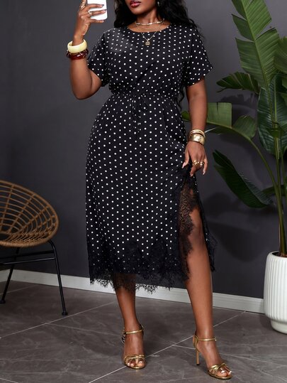 SHEIN Clasi Plus Size Summer Elegant Polka Dot Print Lace Patchwork Split Hem Dress Gym Brown