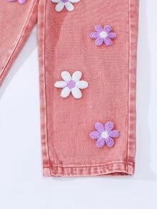 SHEIN ChillGRL 女童夏季牛仔褲，雪洗藍色，甜美牛仔女郎西式風格，粉色花卉刺繡設計直筒寬腿牛仔褲，秋季 - 粉色 - 查看 4