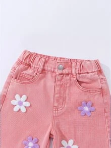 SHEIN ChillGRL 女童夏季牛仔褲，雪洗藍色，甜美牛仔女郎西式風格，粉色花卉刺繡設計直筒寬腿牛仔褲，秋季 - 粉色 - 查看 5