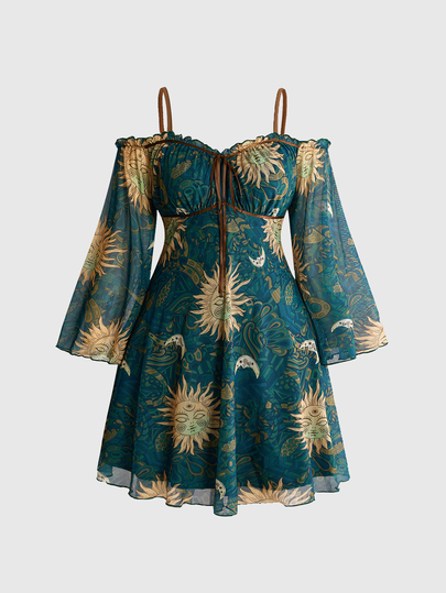 Robe mini courte grande taille style vintage Y2K hippie rétro vacances, imprimé visage soleil et lune, devant froncé, manches évasées, taille cintrée
