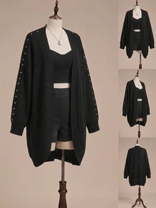 ROMWE Cardigan holgado y cómodo de estilo punk callejero casual versátil con decoración de remaches para mujer de talla grande, otoño/invierno - Negro - Ver 1