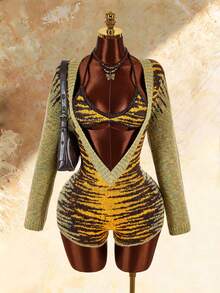 Amplova Women's Tiger Print Deep V-Neck Long Sleeve Knit Romper And Cropped Halter Knit Top 2 Pieces Set - Green - View 12