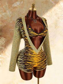 Amplova Women's Tiger Print Deep V-Neck Long Sleeve Knit Romper And Cropped Halter Knit Top 2 Pieces Set - Green - View 7