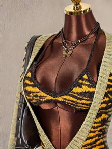 Amplova Women's Tiger Print Deep V-Neck Long Sleeve Knit Romper And Cropped Halter Knit Top 2 Pieces Set - Green - View 1